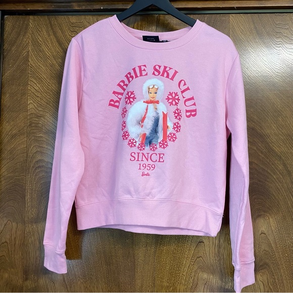 NWOT Barbie Cropped L Sweatshirt; Ski Club; Winter; Adorable; Pink; Holiday Snow - Picture 1 of 7